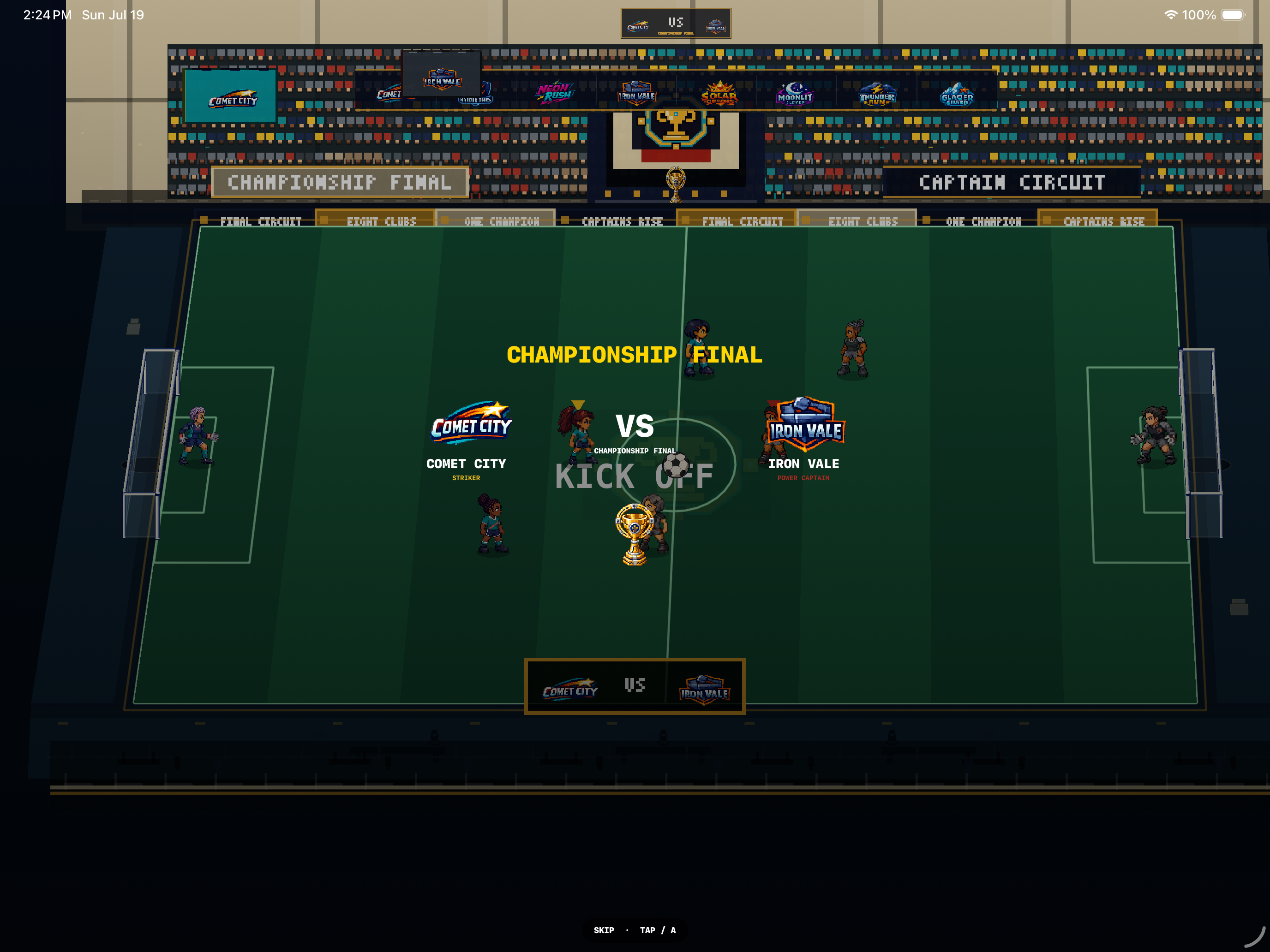 The Captain Circuit finals stadium displays all eight team banners during the championship match.