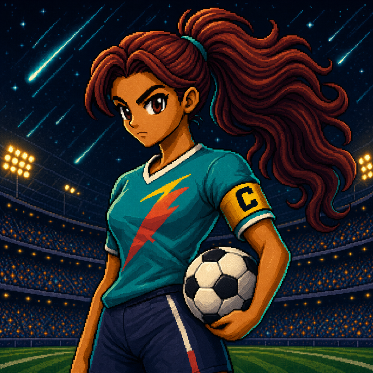Portrait of Comet City’s captain holding a soccer ball beneath the stadium lights